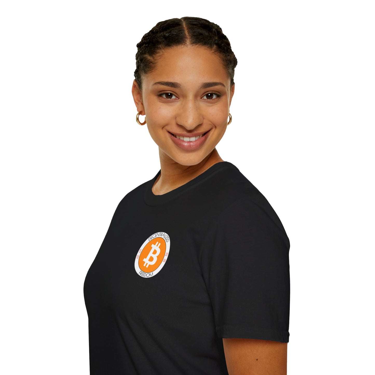 2-sided Bitcoin (BTC) Decentralized Freedom DKcolors Unisex T-Shirt by cypherpunkgear