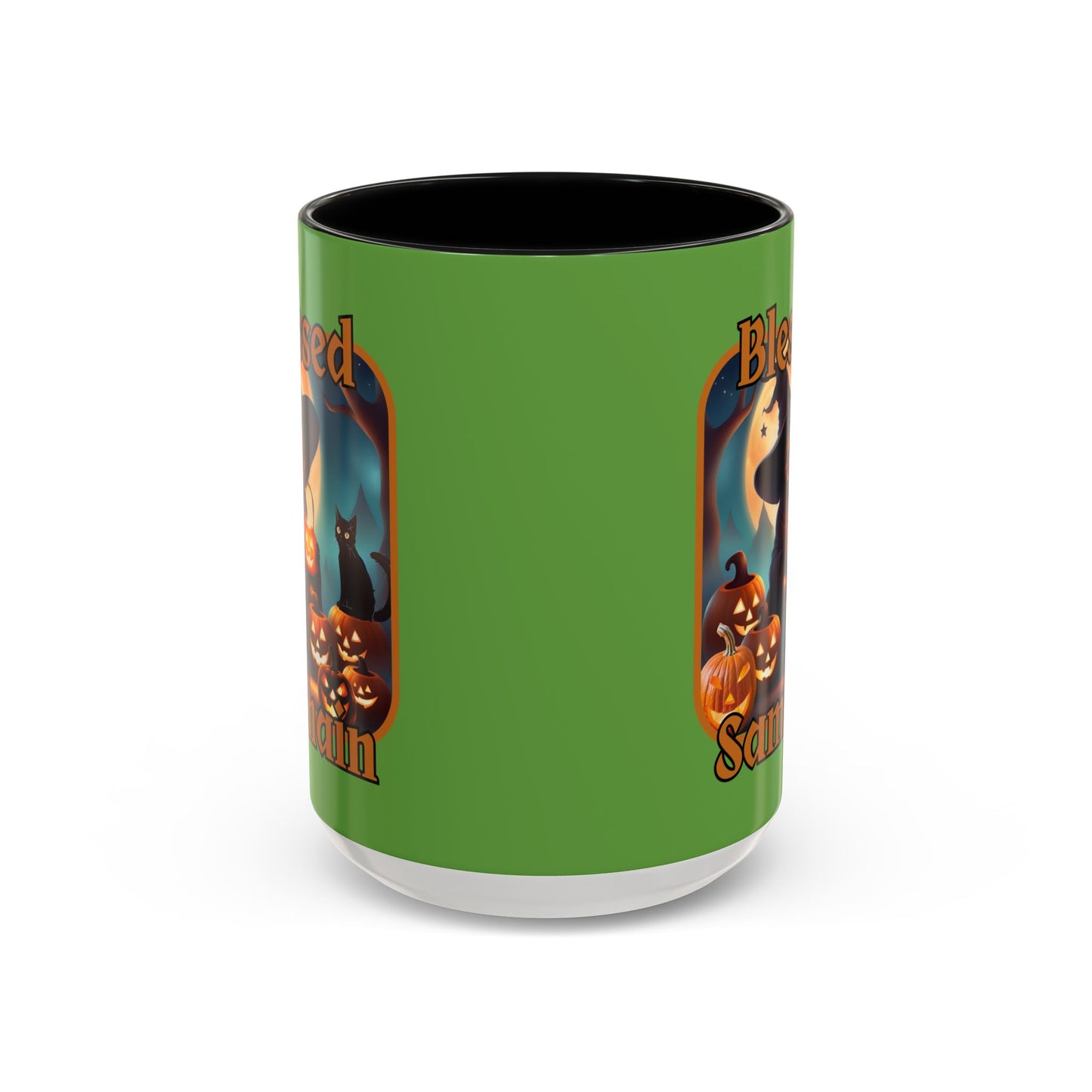 Blessed Samhain Cute Witch Orange font Green Accent Mug by CreepyCrafts.boo