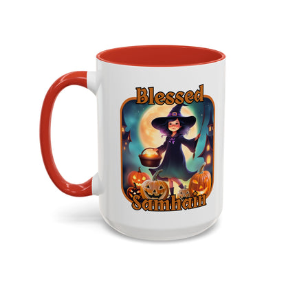 Blessed Samhain Little Witch Orange font White Accent Mug by CreepyCrafts.boo