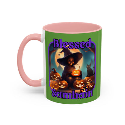 Blessed Samhain Cute Witch Purple font Green Accent Mug by CreepyCrafts.boo