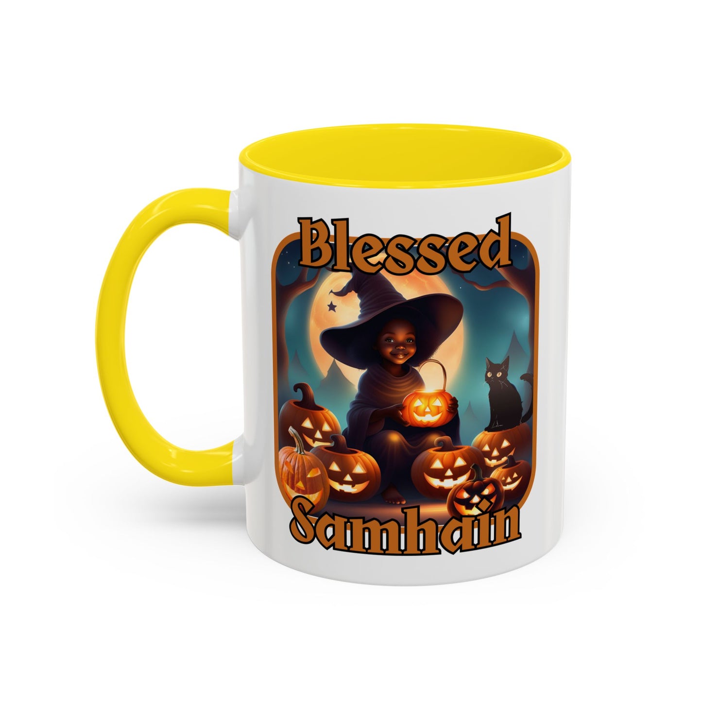 Blessed Samhain Cute Witch Orange font White Accent Mug by CreepyCrafts.boo