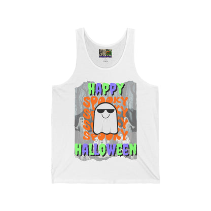 Spooky Happy Halloween Ghost Mixed font Unisex Jersey Tank Top by CreepyCrafts.boo