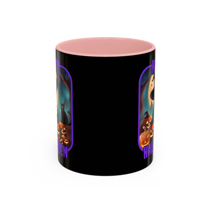 Happy Halloween Cute Witch Purple font Black Accent Mug by CreepyCrafts.boo