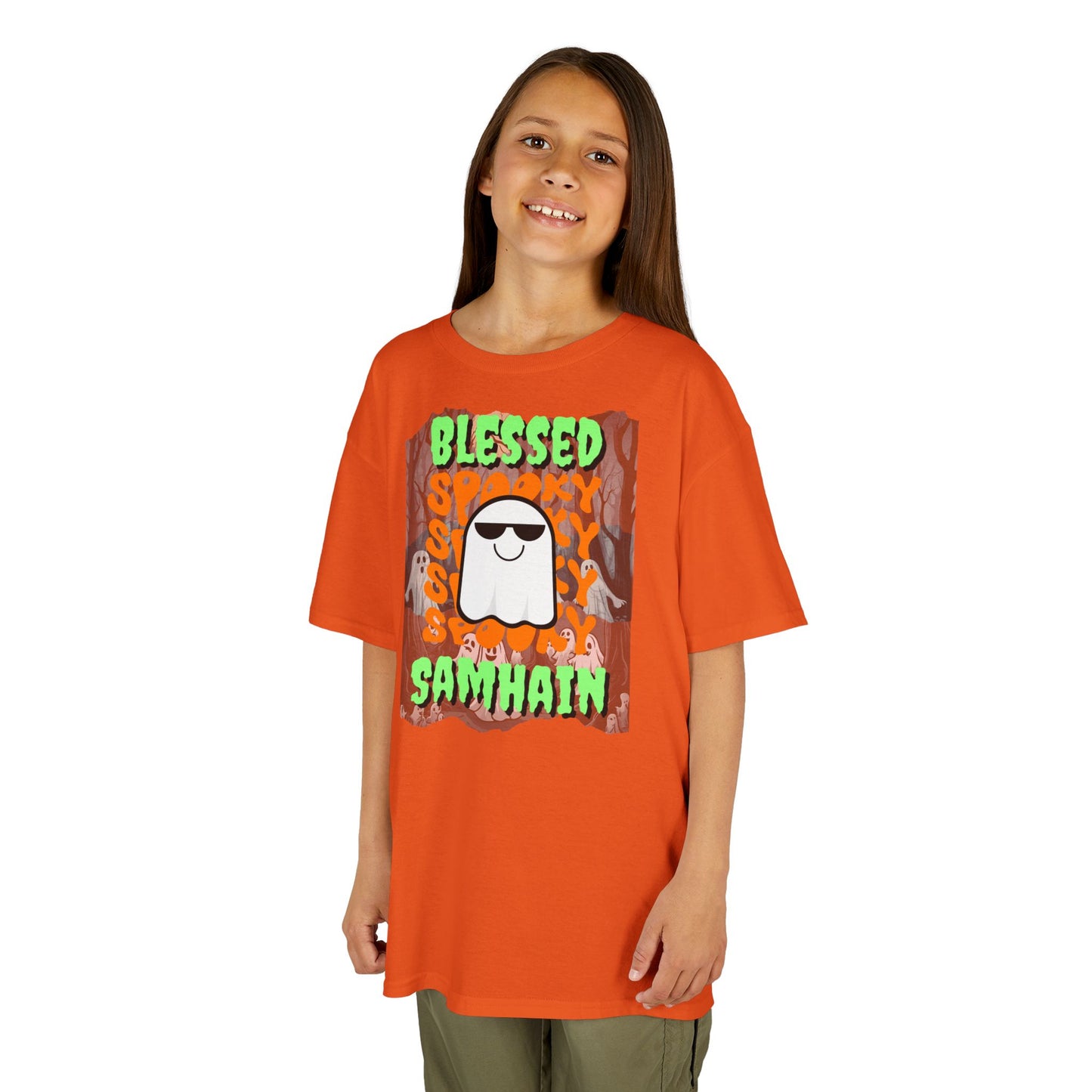 Spooky Blessed Samhain Ghost Green font Kids Heavy Cotton™ Tee by CreepyCrafts.boo