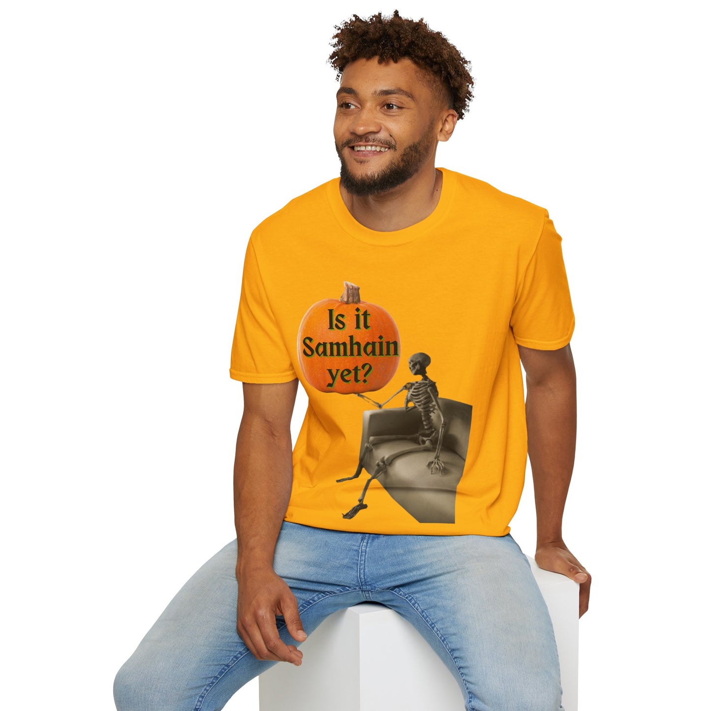 Is it Samhain yet? Skeleton's Pumpkin Light colors Unisex T-Shirt by CreepyCrafts.boo