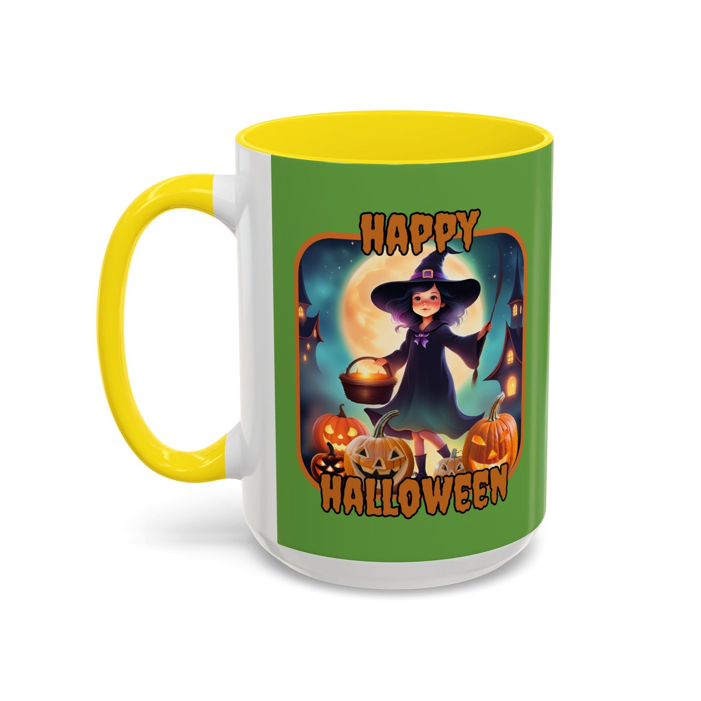 Happy Halloween Little Witch Orange font Green Accent Mug by CreepyCrafts.boo