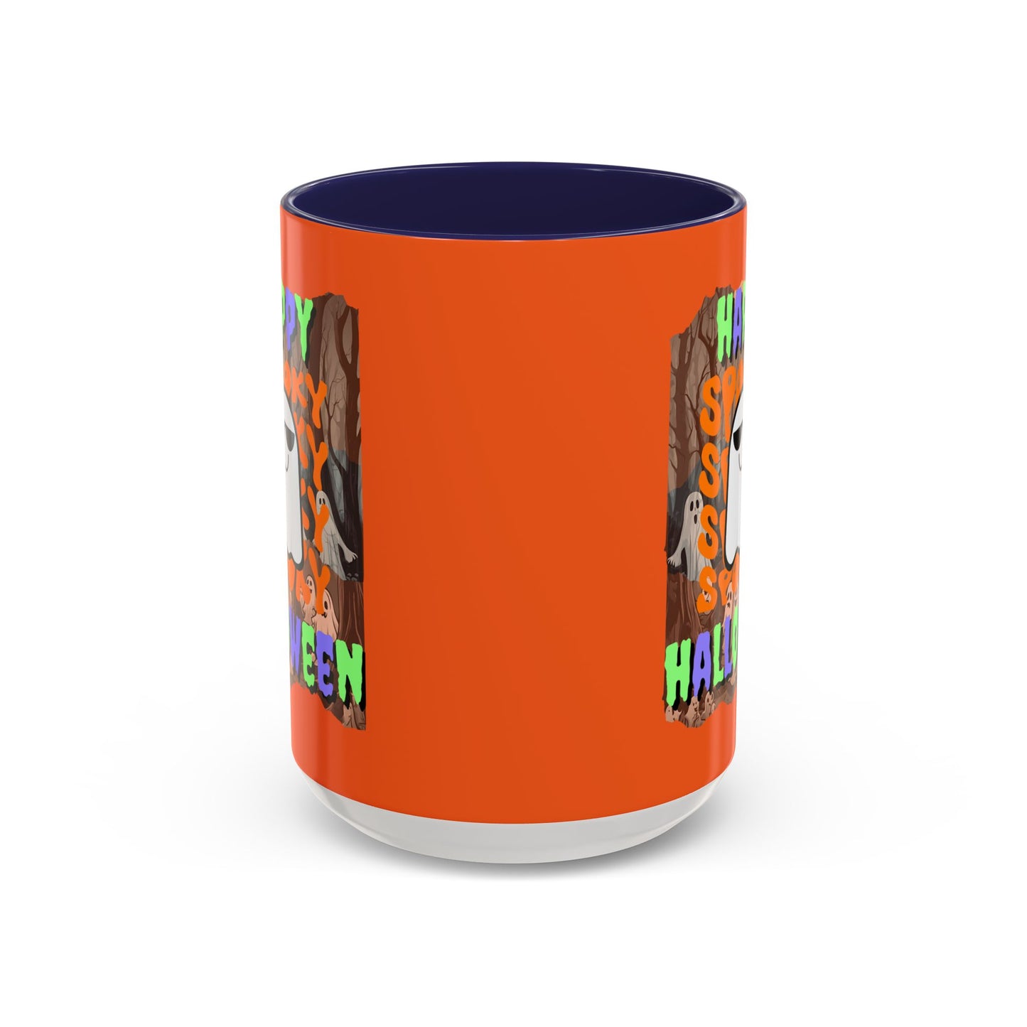 Spooky Happy Halloween Ghost Mixed font Orange Accent Mug by CreepyCrafts.boo