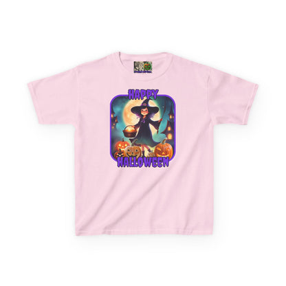 Happy Halloween Little Witch Purple font Kids Heavy Cotton™ Tee by CreepyCrafts.boo