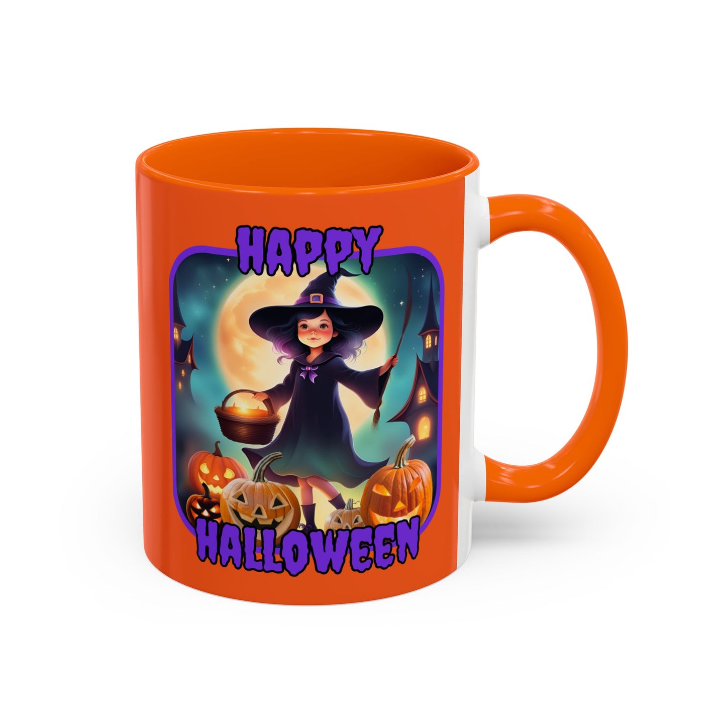 Happy Halloween Little Witch Purple font Orange Accent Mug by CreepyCrafts.boo
