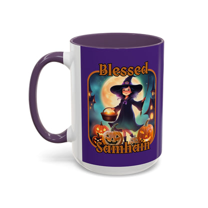 Blessed Samhain Little Witch Orange font Purple Accent Mug by CreepyCrafts.boo