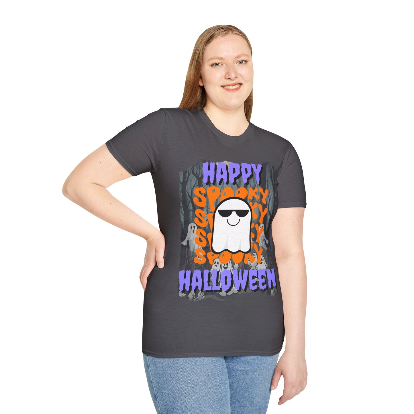Spooky Happy Halloween Ghost Dark colors Purple font Unisex T-Shirt by CreepyCrafts.boo