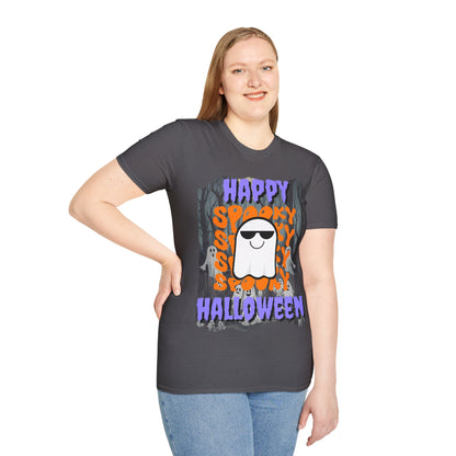 Spooky Happy Halloween Ghost Dark colors Purple font Unisex T-Shirt by CreepyCrafts.boo