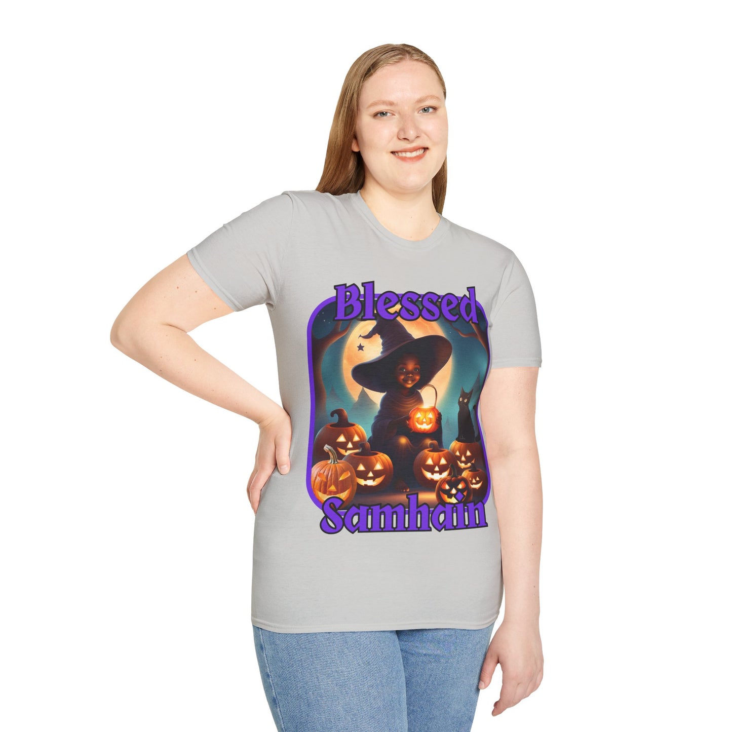Blessed Samhain Cute Witch Purple font Light colors Unisex T-Shirt by CreepyCrafts.boo