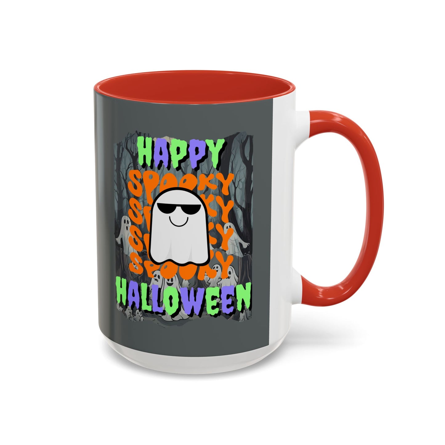 Spooky Happy Halloween Ghost Mixed font Grey Accent Mug by CreepyCrafts.boo