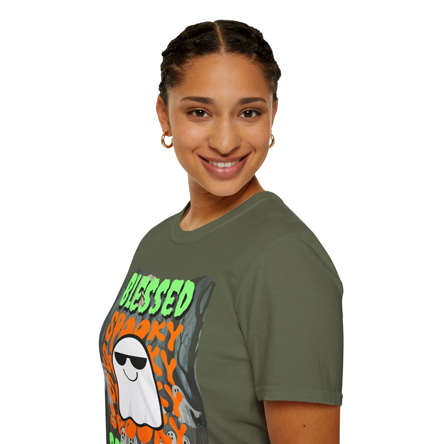 Spooky Blessed Samhain Ghost Green font Unisex T-Shirt by CreepyCrafts.boo