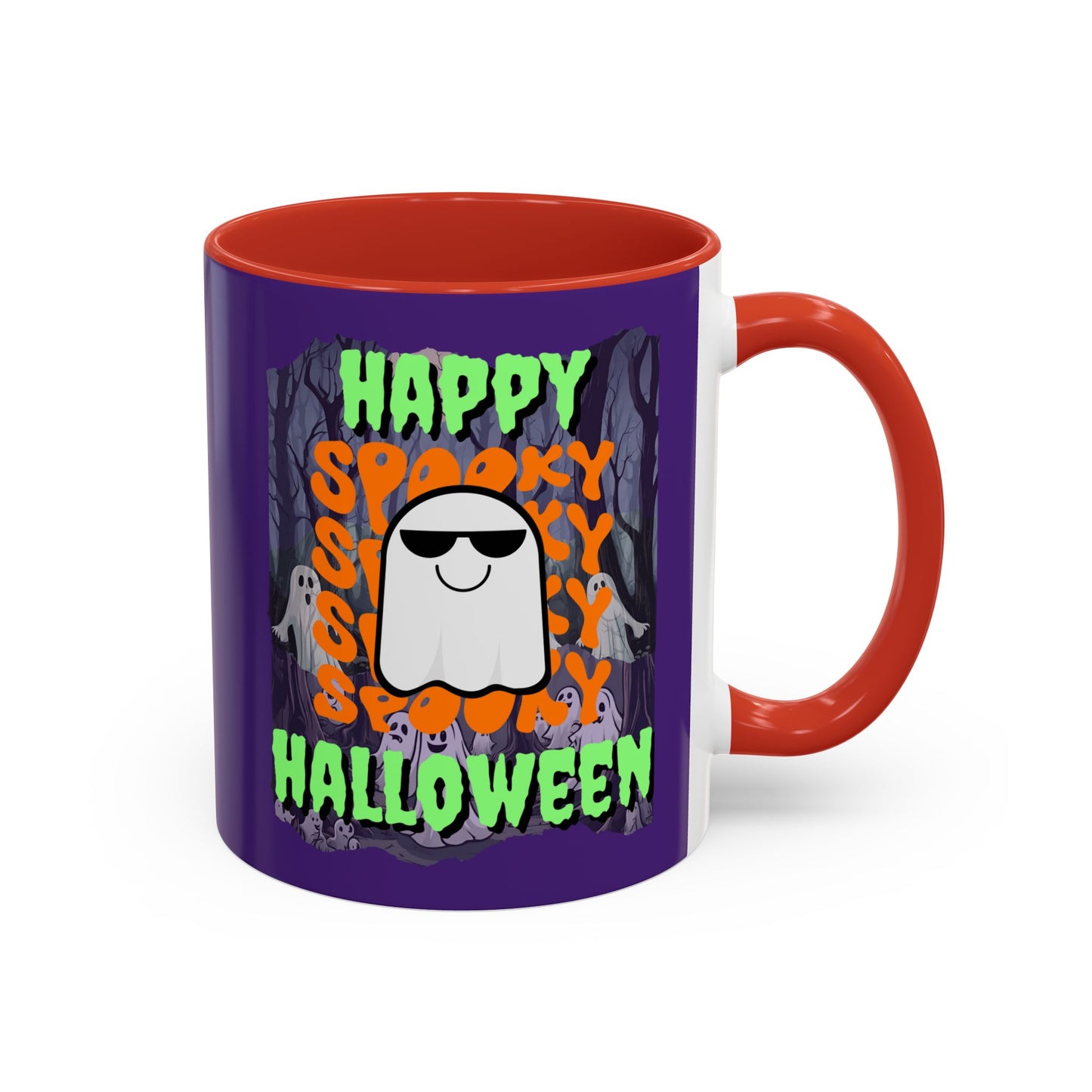 Spooky Happy Halloween Ghost Green font Purple Accent Mug by CreepyCrafts.boo