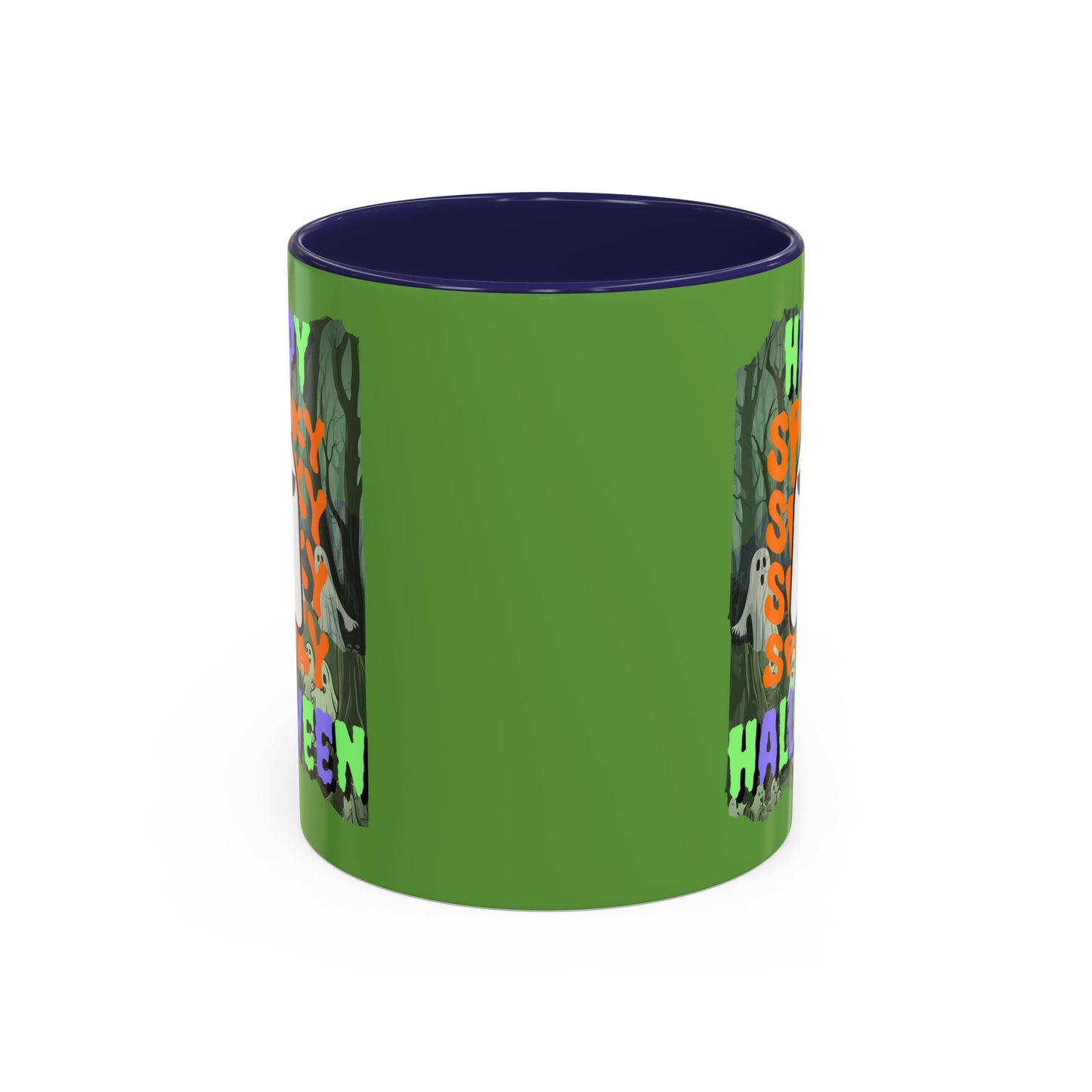 Spooky Happy Halloween Ghost Mixed font Green Accent Mug by CreepyCrafts.boo