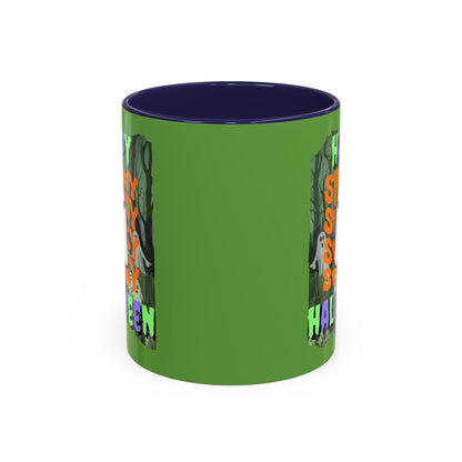 Spooky Happy Halloween Ghost Mixed font Green Accent Mug by CreepyCrafts.boo