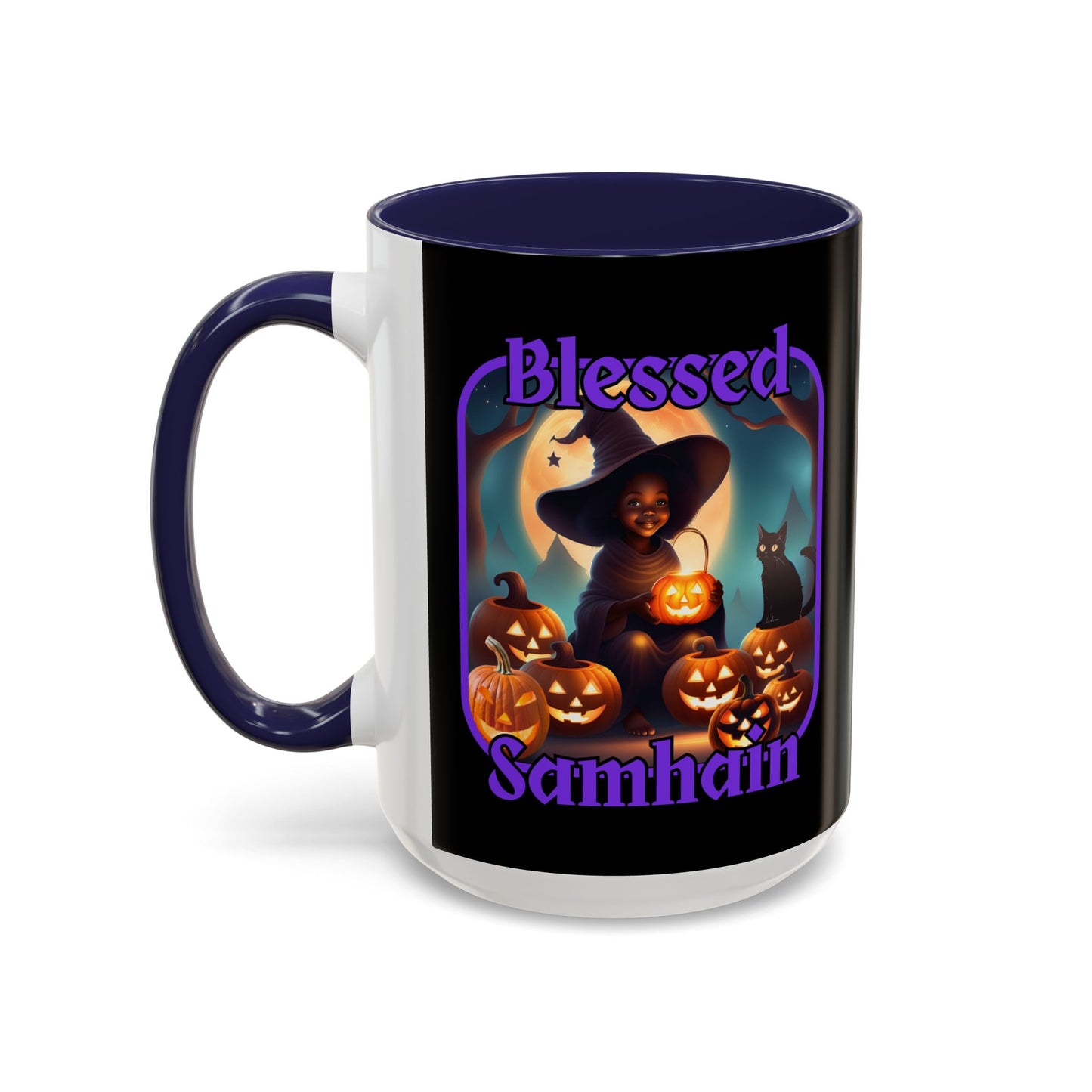 Blessed Samhain Cute Witch Purple font Black Accent Mug by CreepyCrafts.boo