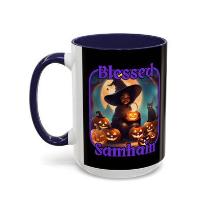 Blessed Samhain Cute Witch Purple font Black Accent Mug by CreepyCrafts.boo