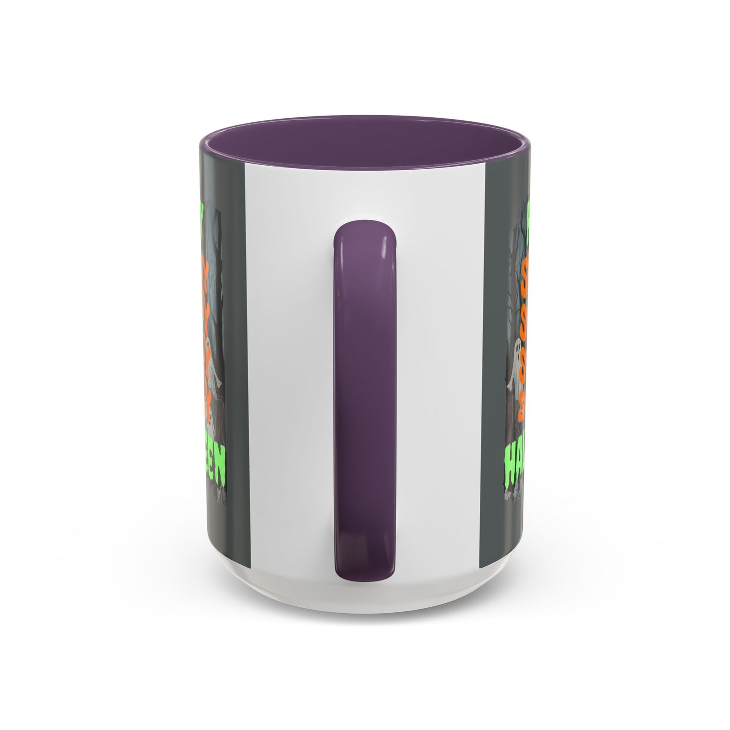 Spooky Happy Halloween Ghost Green font Grey Accent Mug by CreepyCrafts.boo