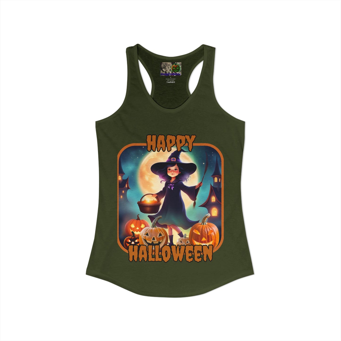 Happy Halloween Little Witch Orange font Women's Racerback Tank Top by CreepyCrafts.boo