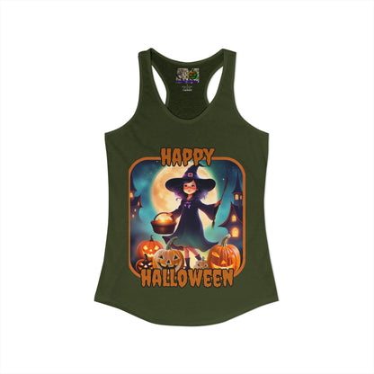 Happy Halloween Little Witch Orange font Women's Racerback Tank Top by CreepyCrafts.boo