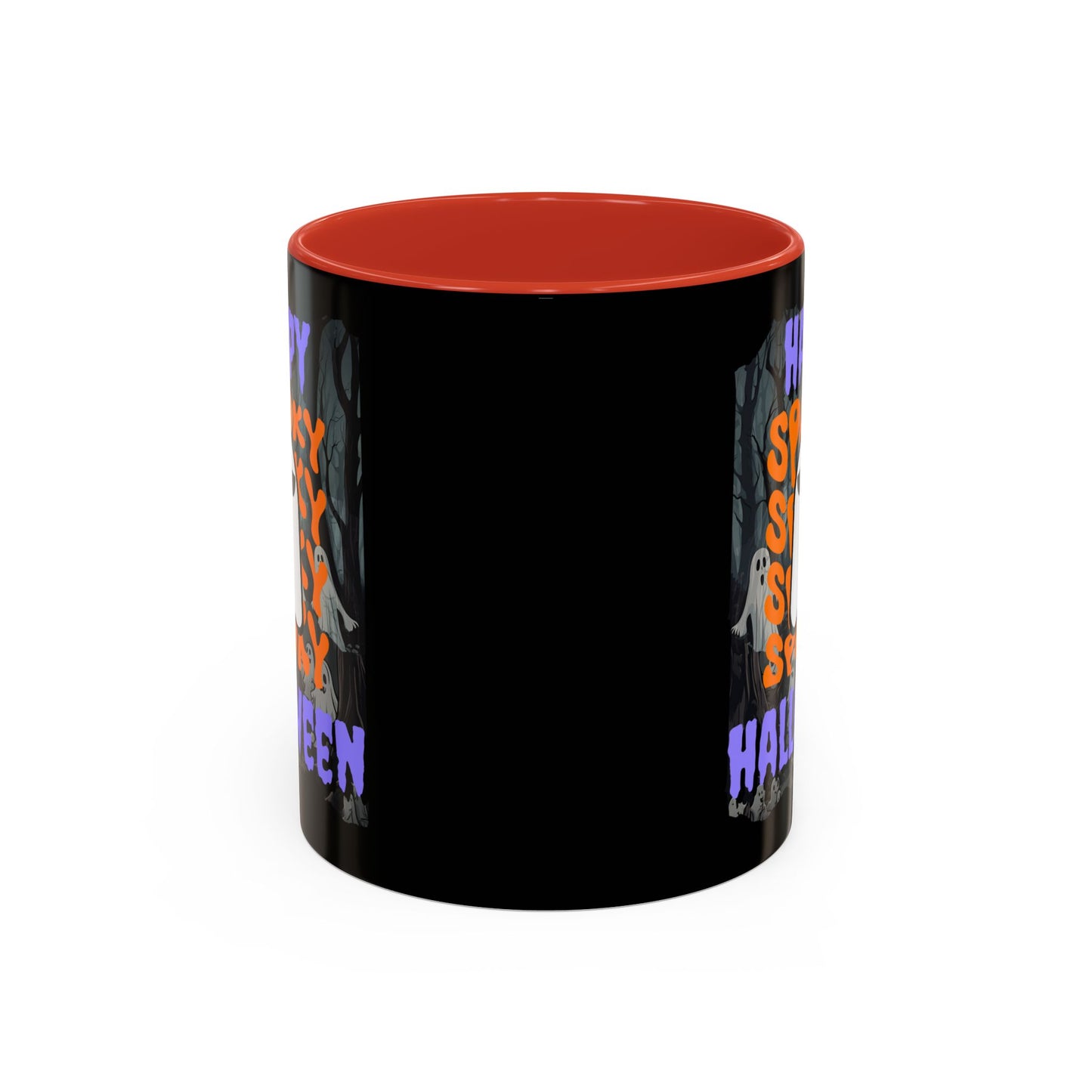 Spooky Happy Halloween Ghost Purple font Black Accent Mug by CreepyCrafts.boo