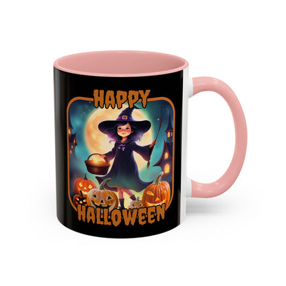 Happy Halloween Little Witch Orange font Black Accent Mug by CreepyCrafts.boo
