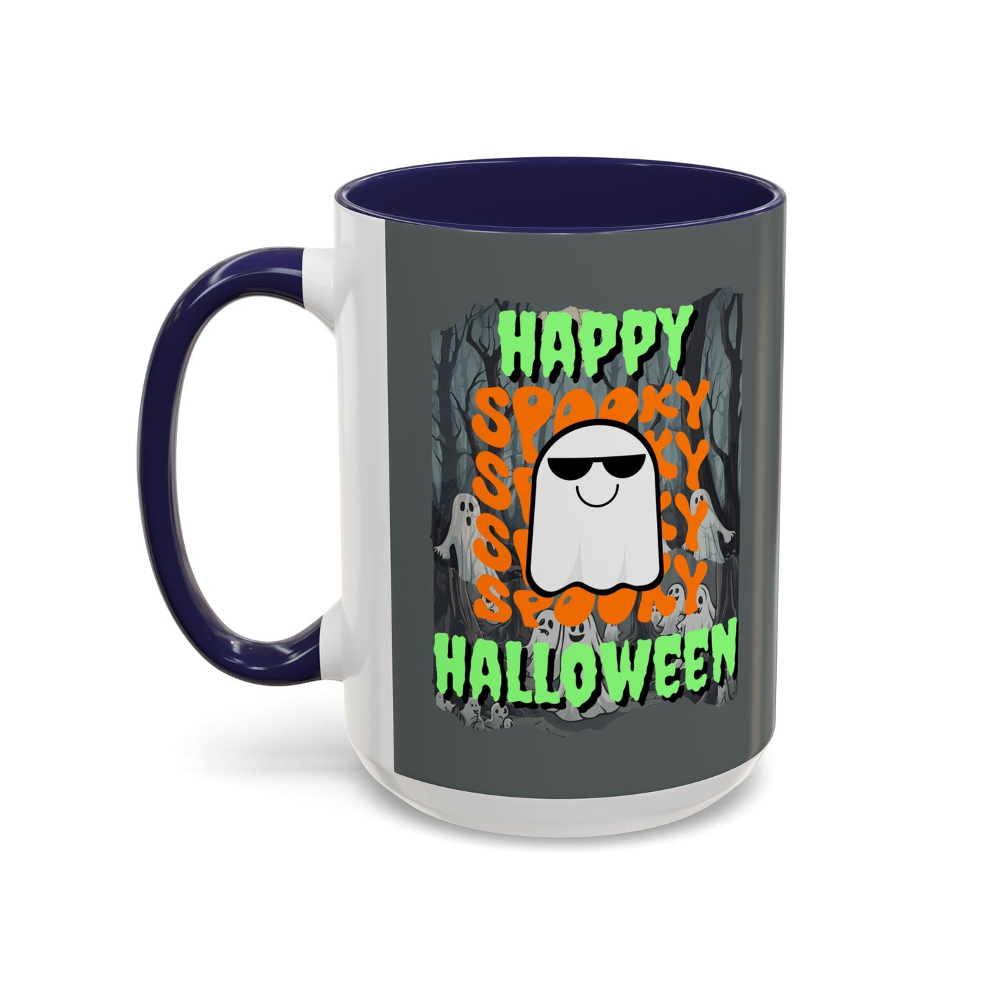 Spooky Happy Halloween Ghost Green font Grey Accent Mug by CreepyCrafts.boo