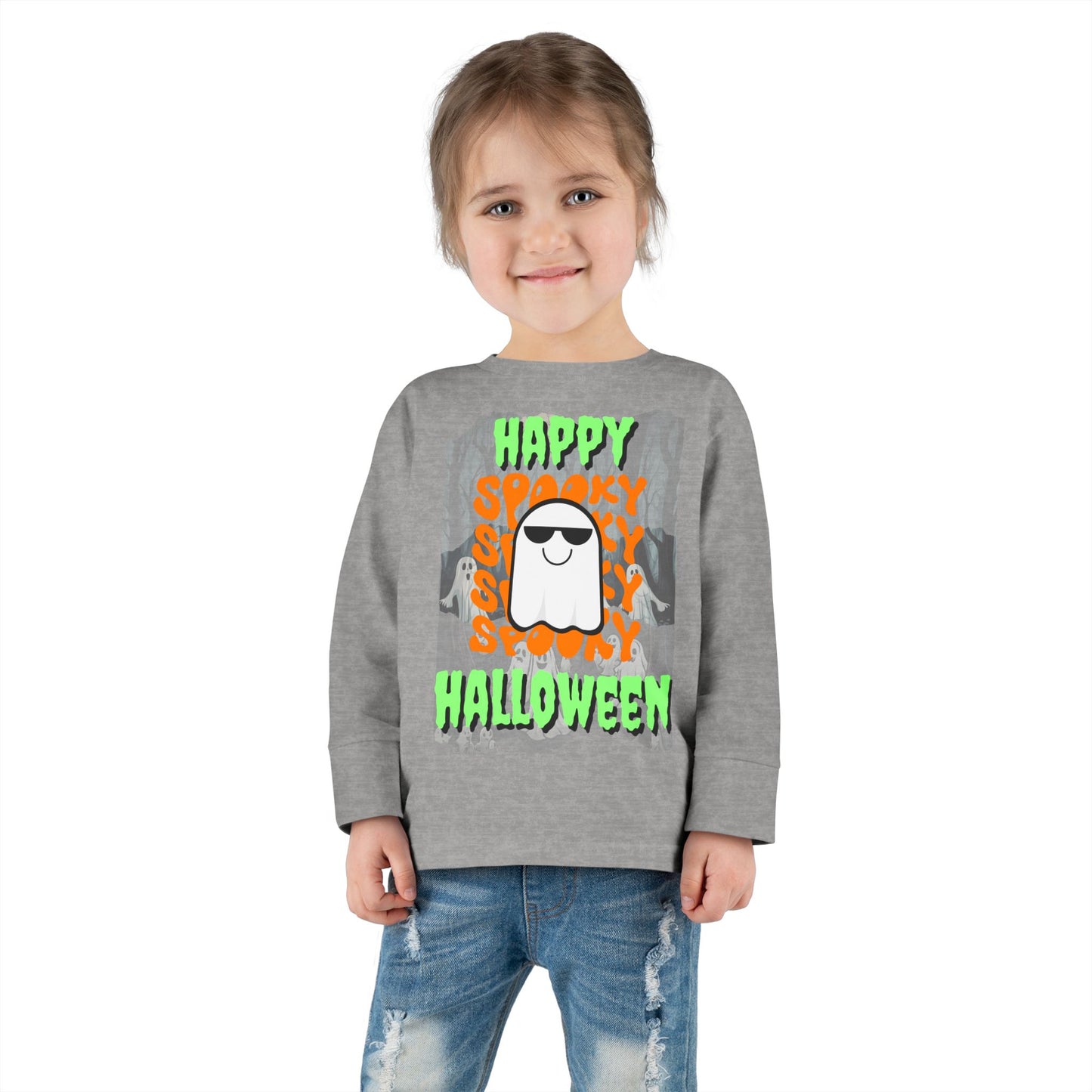 Spooky Happy Halloween Ghost Green font Toddler Long Sleeve Tee by CreepyCrafts.boo