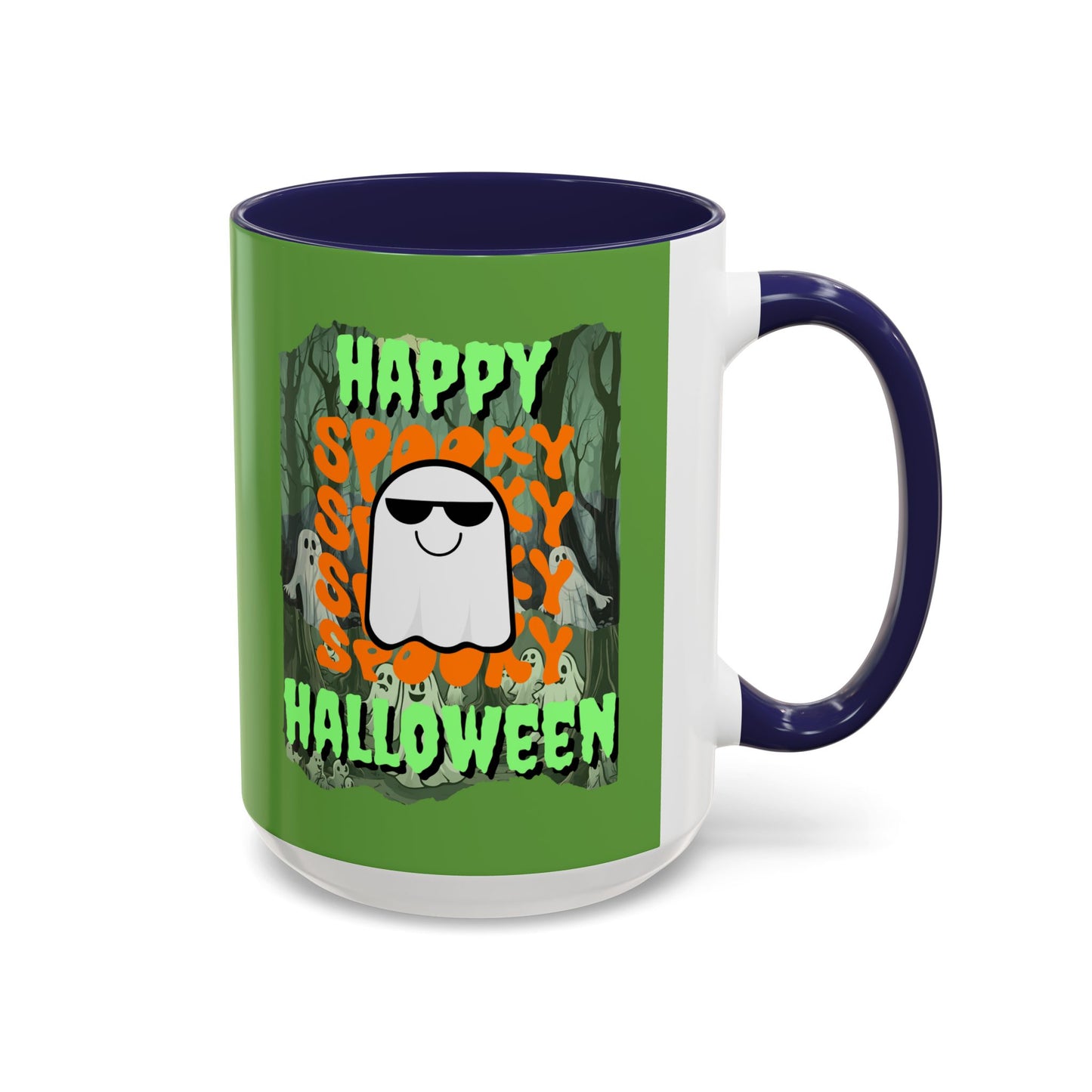 Spooky Happy Halloween Ghost Green font Green Accent Mug by CreepyCrafts.boo