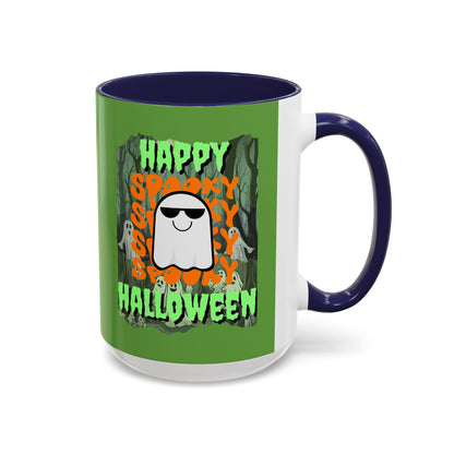 Spooky Happy Halloween Ghost Green font Green Accent Mug by CreepyCrafts.boo