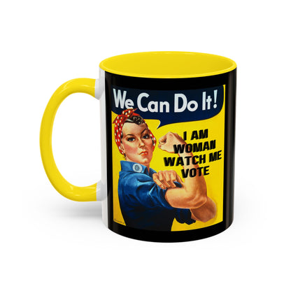 I Am Woman Watch Me Vote Rosie Black Accent Mug by cypherpunkgear.com