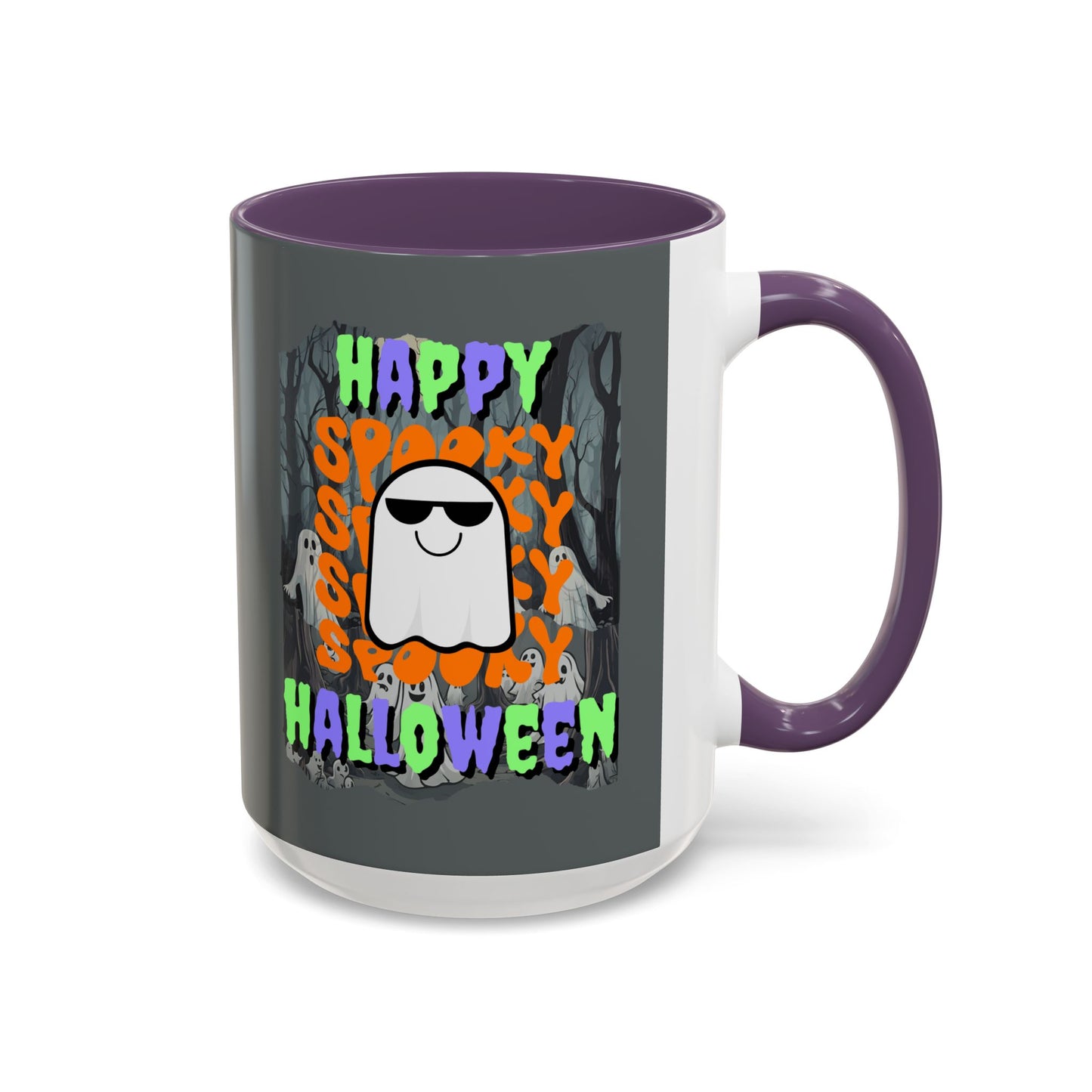 Spooky Happy Halloween Ghost Mixed font Grey Accent Mug by CreepyCrafts.boo