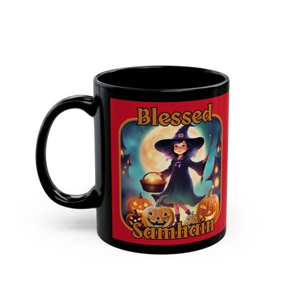 Blessed Samhain Little Witch Orange font Red Mug by CreepyCrafts.boo