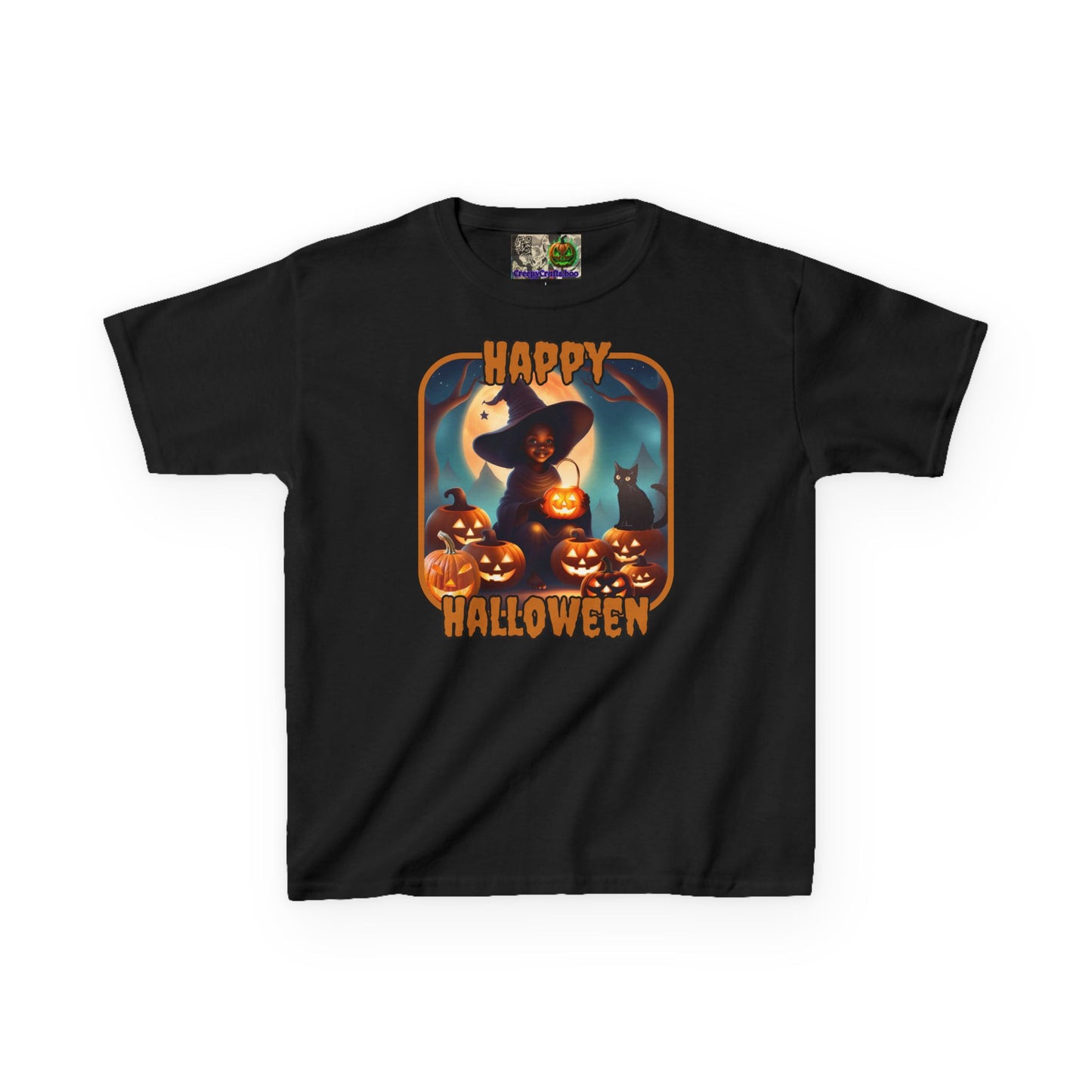Happy Halloween Cute Witch Orange font Kids Heavy Cotton™ Tee by CreepyCrafts.boo