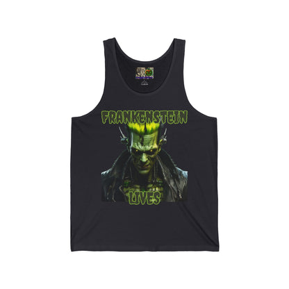 Frankenstein Lives Unisex Jersey Tank Top by CreepyCrafts.boo