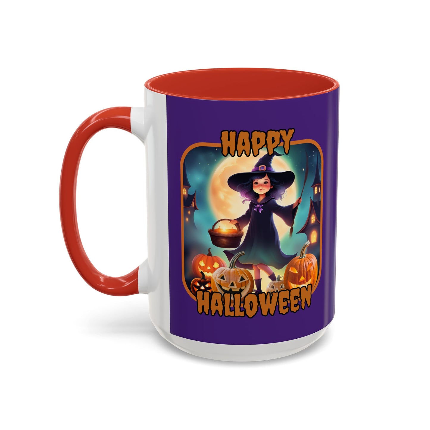 Happy Halloween Little Witch Orange font Purple Accent Mug by CreepyCrafts.boo