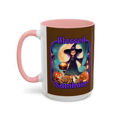 Blessed Samhain Little Witch Purple font Brown Accent Mug by CreepyCrafts.boo