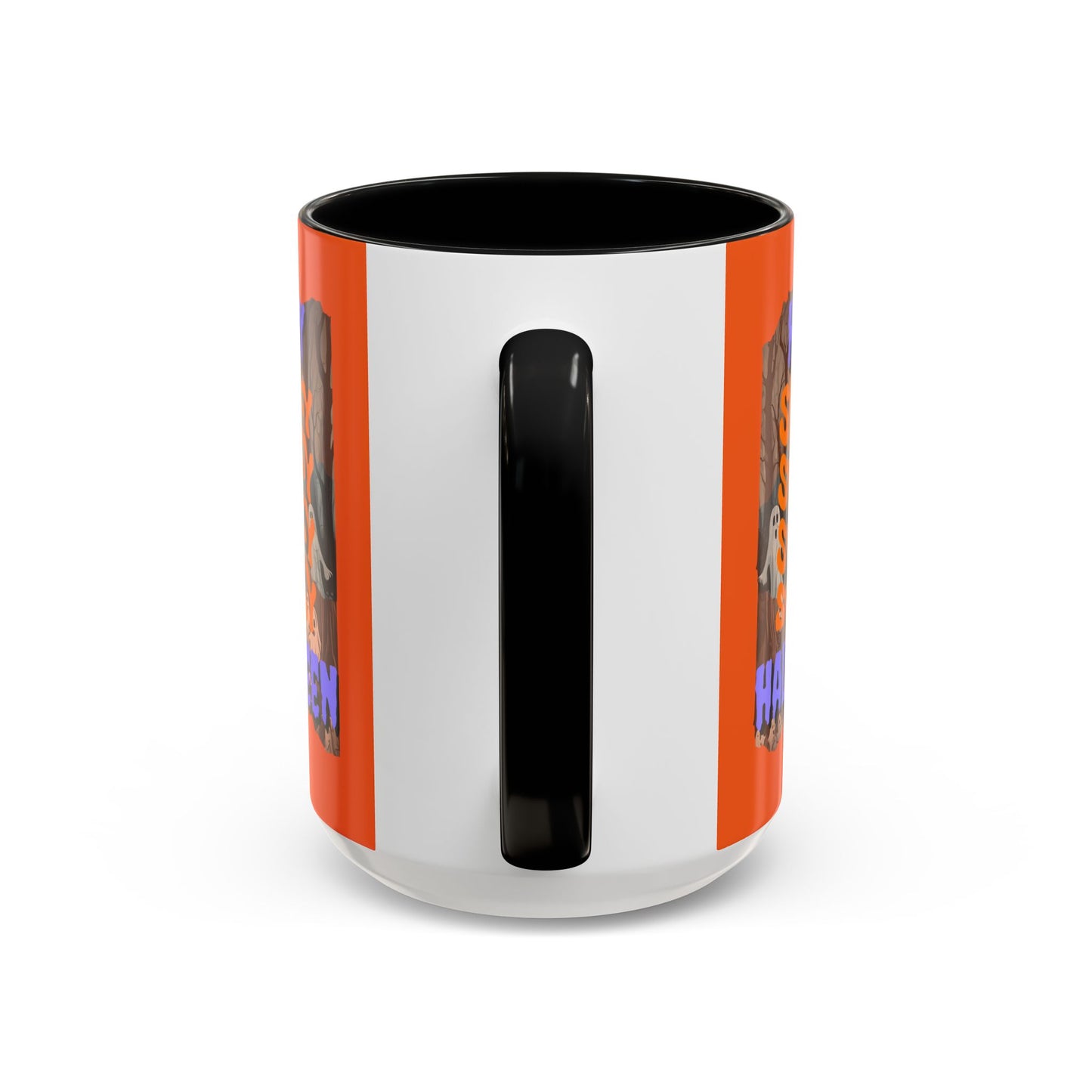 Spooky Happy Halloween Ghost Purple font Orange Accent Mug by CreepyCrafts.boo