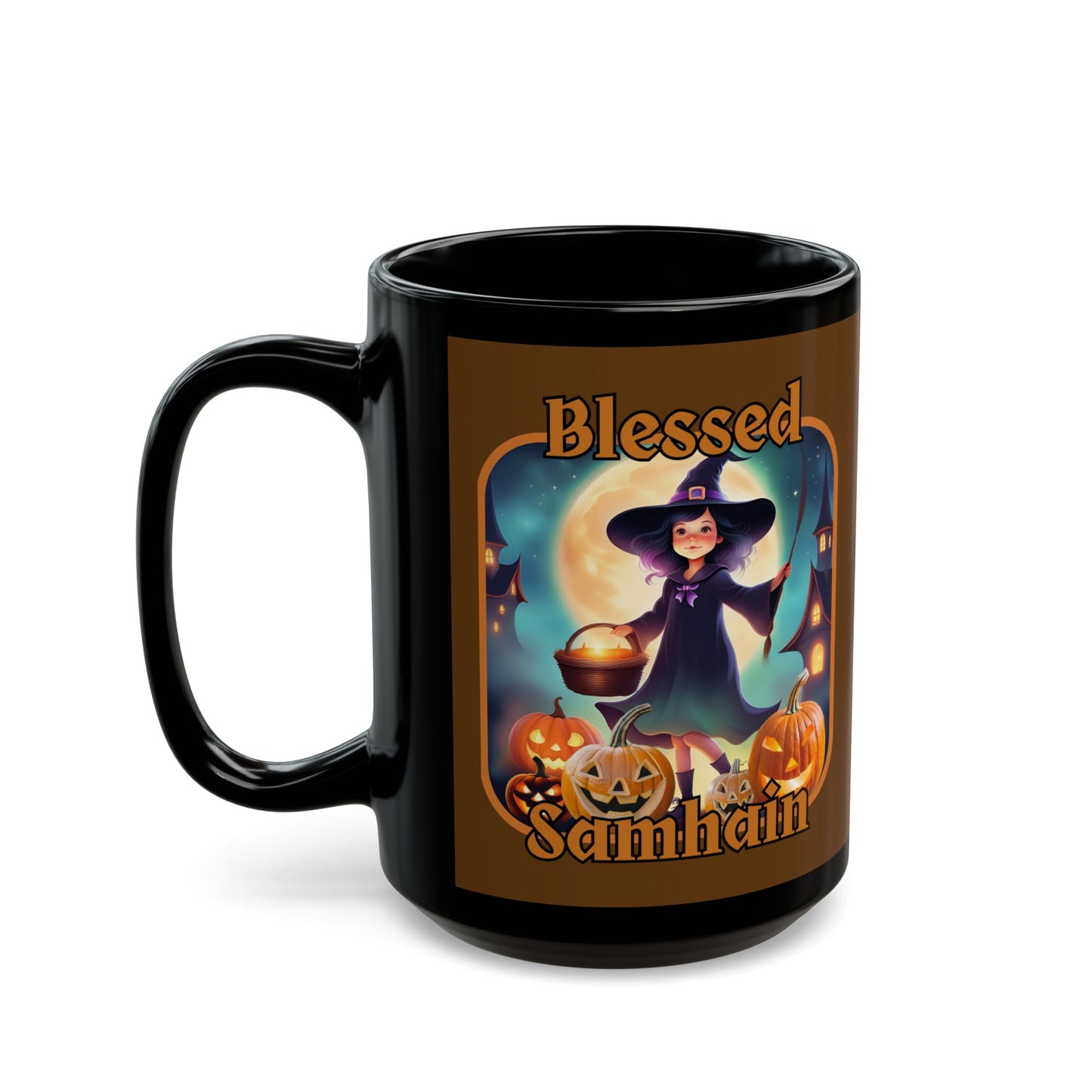 Blessed Samhain Little Witch Orange font Brown Mug by CreepyCrafts.boo