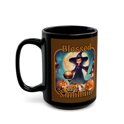 Blessed Samhain Little Witch Orange font Brown Mug by CreepyCrafts.boo