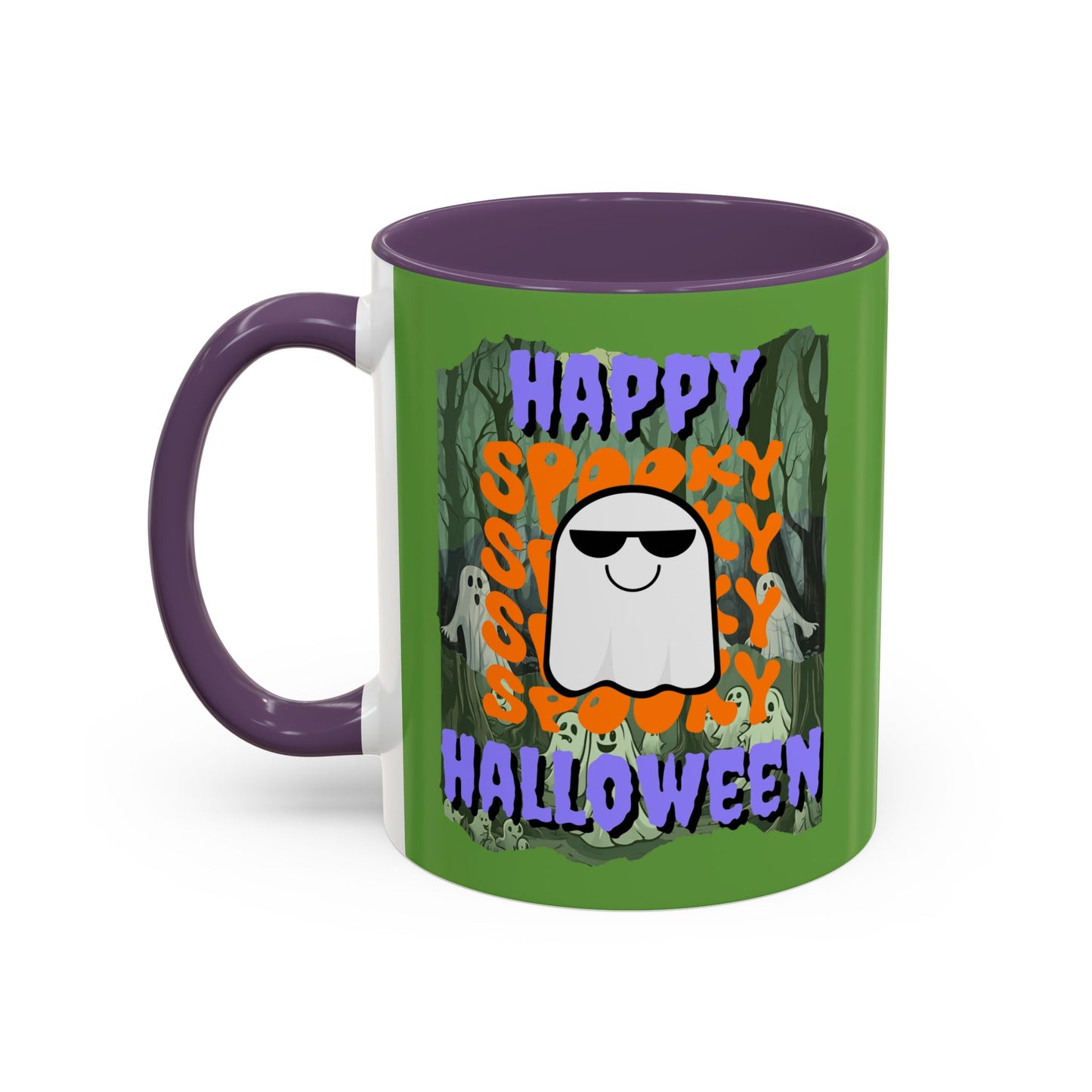 Spooky Happy Halloween Ghost Purple font Green Accent Mug by CreepyCrafts.boo