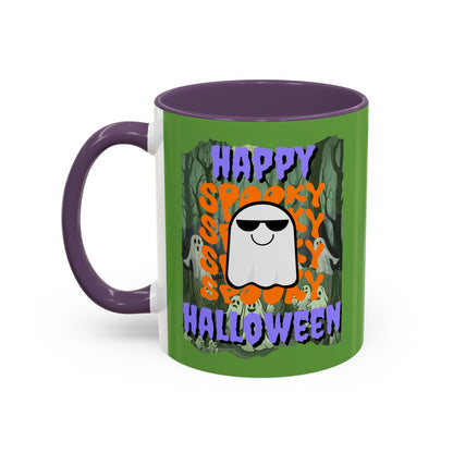 Spooky Happy Halloween Ghost Purple font Green Accent Mug by CreepyCrafts.boo