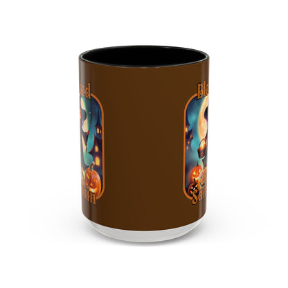 Blessed Samhain Little Witch Orange font Brown Accent Mug by CreepyCrafts.boo