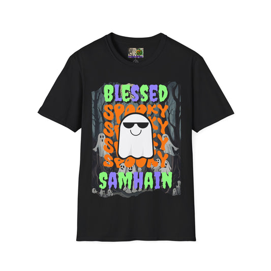 Spooky Blessed Samhain Ghost Mixed font Unisex T-Shirt by CreepyCrafts.boo