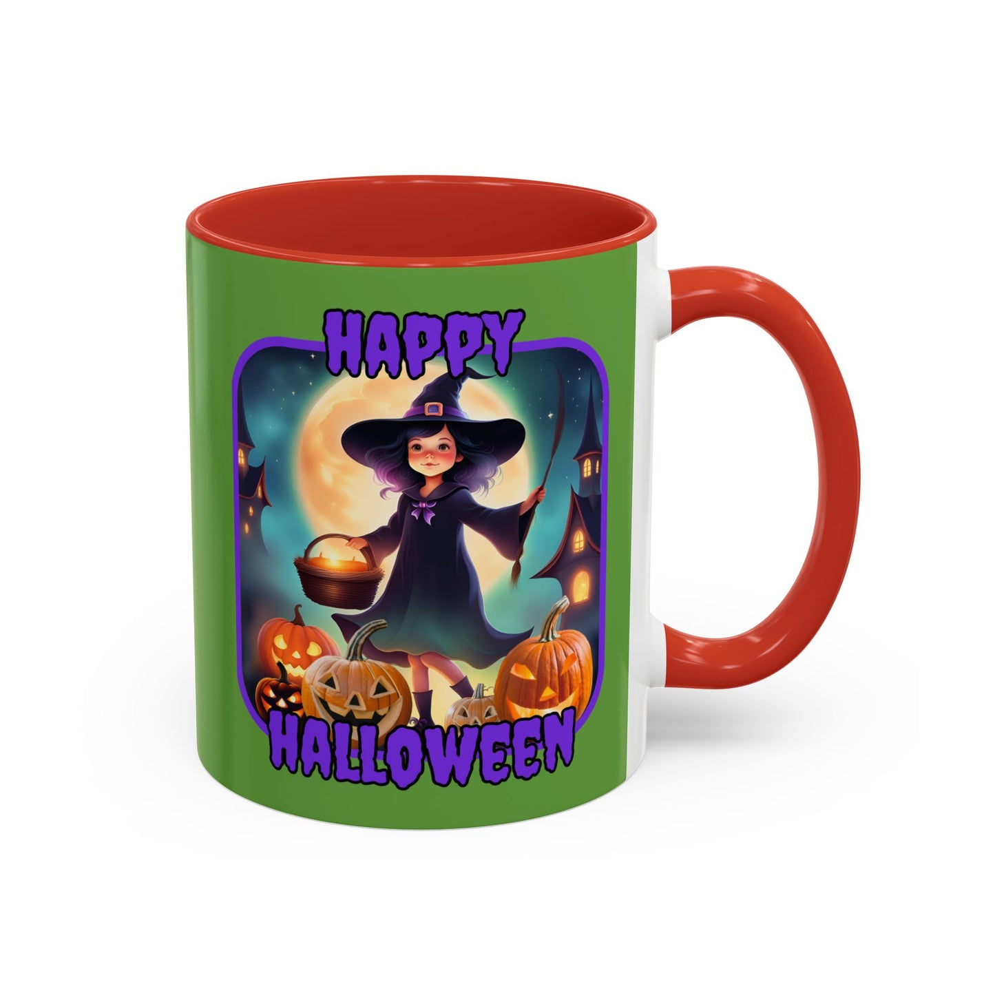Happy Halloween Little Witch Purple font Green Accent Mug by CreepyCrafts.boo