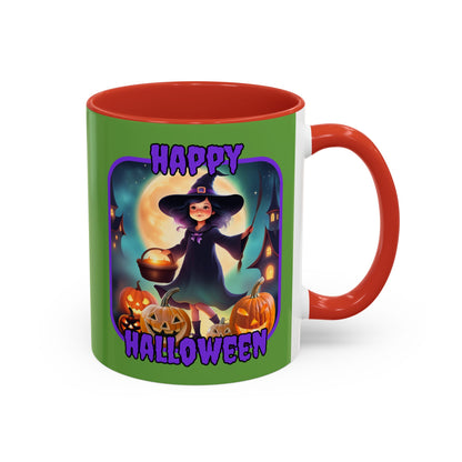 Happy Halloween Little Witch Purple font Green Accent Mug by CreepyCrafts.boo