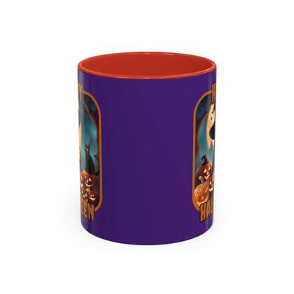 Happy Halloween Cute Witch Orange font Purple Accent Mug by CreepyCrafts.boo